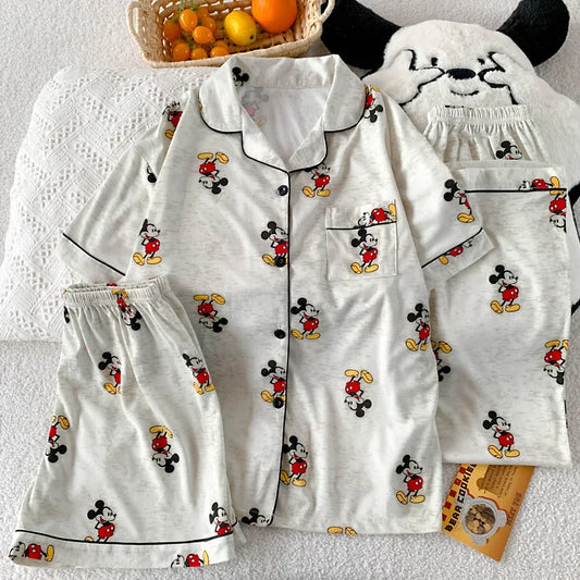 3Pcs Mickey Mouse Pajama Set Women's Summer Short-Sleeved Cute Sleepwear Autumn Student Home Clothes Three-Piece Set Nightgown.