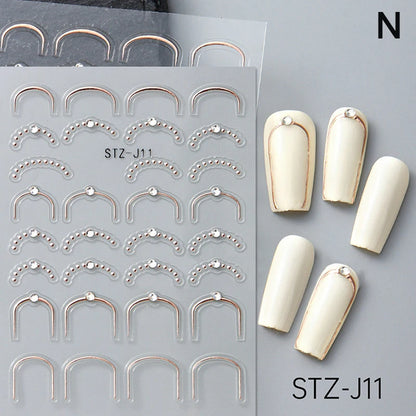 French Tips Nail Sticker 5D Embossed Crystal French Nail Decals Gold Silver Black Line Design Adhesive Slider Nails Art
