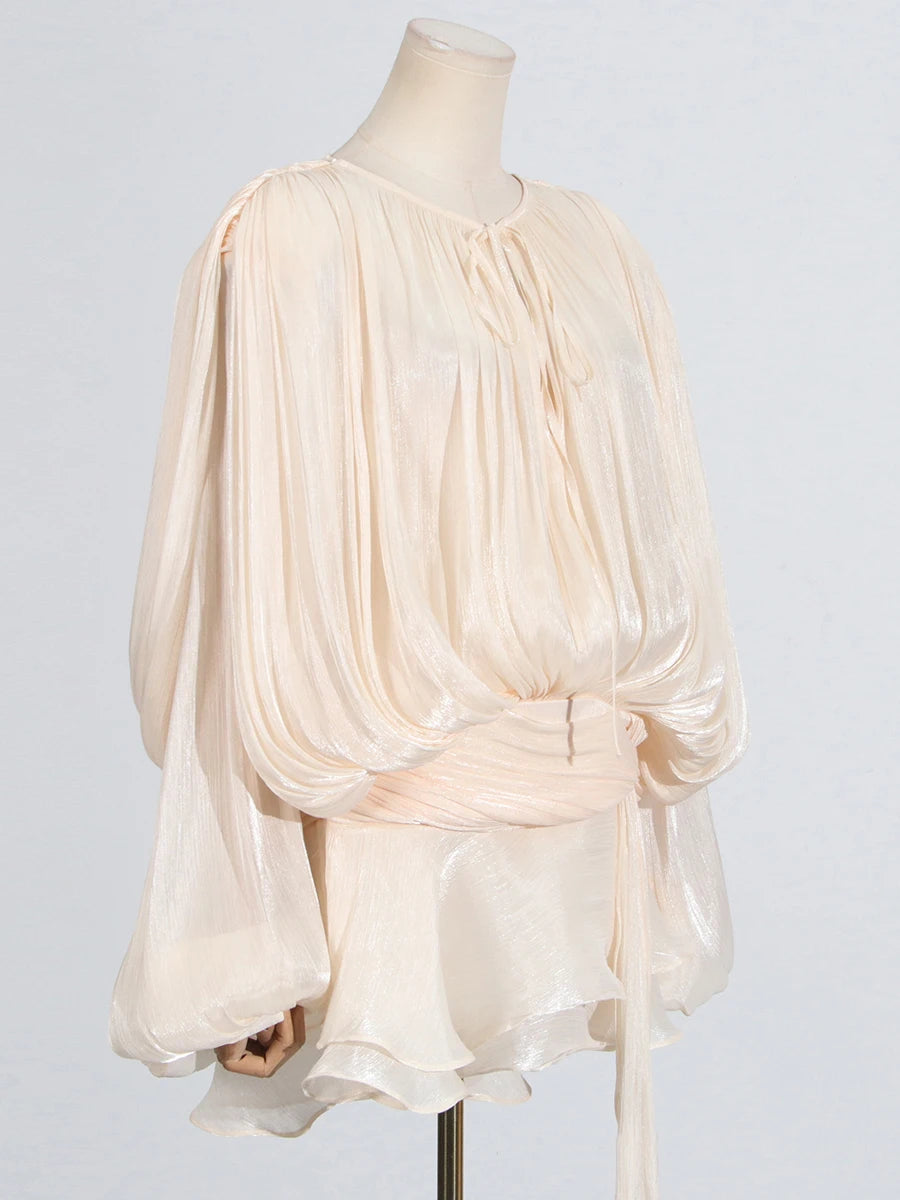 GALCAUR Solide Lose Splicd Lace Up Kleider Für Frauen V-ausschnitt Mit Langen Ärmeln Patchwork Rüschen Tunika Kleider Weibliche Mode Neue.