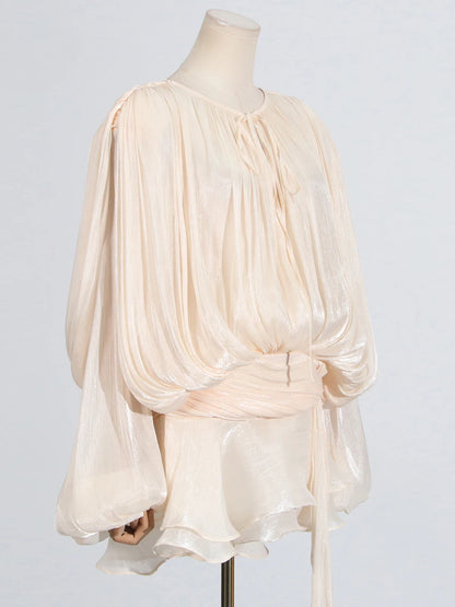 GALCAUR Solide Lose Splicd Lace Up Kleider Für Frauen V-ausschnitt Mit Langen Ärmeln Patchwork Rüschen Tunika Kleider Weibliche Mode Neue.