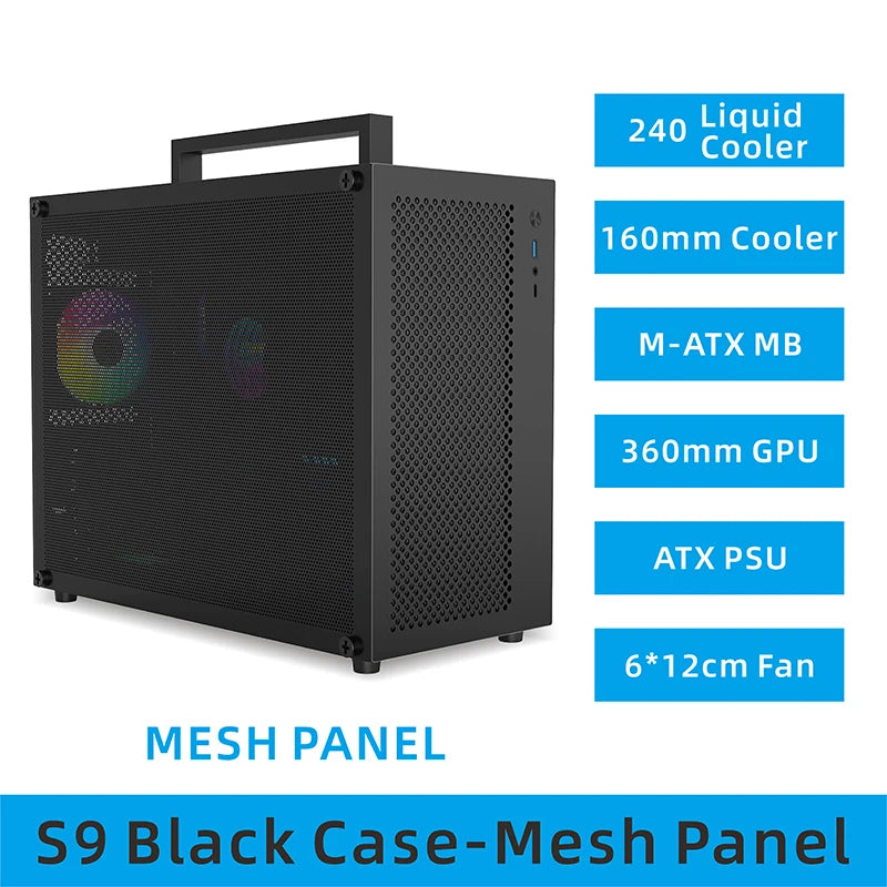 METALFISH S9 MATX Computer Case Gaming PC Chassis Support MATX/ITX/ATX PSU/240 Liquid Cooler/360mm GPU