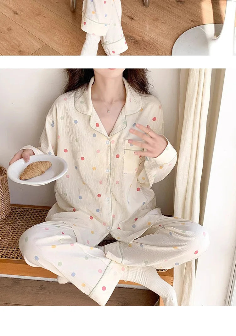 Koreanische Farbige Wavelet Dot Nachtwäsche frauen Herbst Lange Ärmeln Set Kleine Frische Hause Kleidung Lose Internationale Student Pyjama.