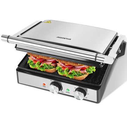 Aigostar contact grill, ceramic-coated, 30-minute timer. Panini grill and sandwich maker for sandwiches, steak, and toasters.