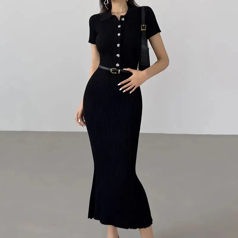 OCEANLOVE Meerjungfrau Rüschen Kleider für Frauen Gestrickte Solide Einreiher Sexy Vestidos Mujer Mode Frühjahr Sommer Langes Kleid.