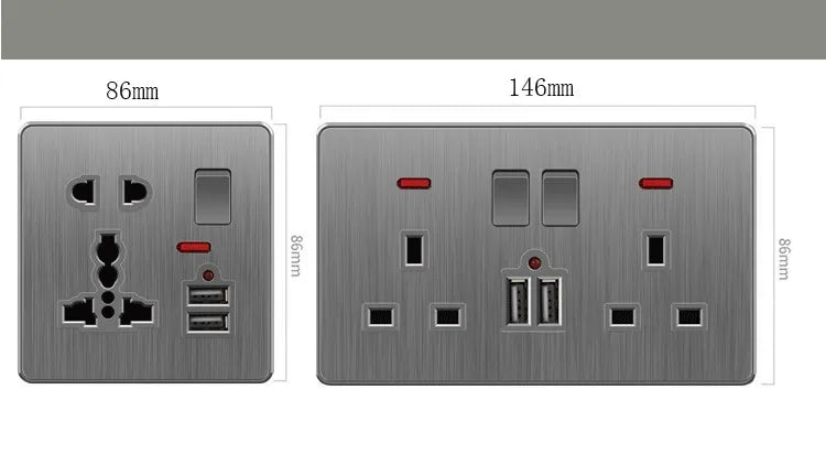 Große Neigungssteckdose im nordischen Stil, grau, 13 A, elektrische Schaltersteckdose nach britischem Standard, universelle Wand-Doppelsteckdose mit USB-Anschluss 2,1 A.
