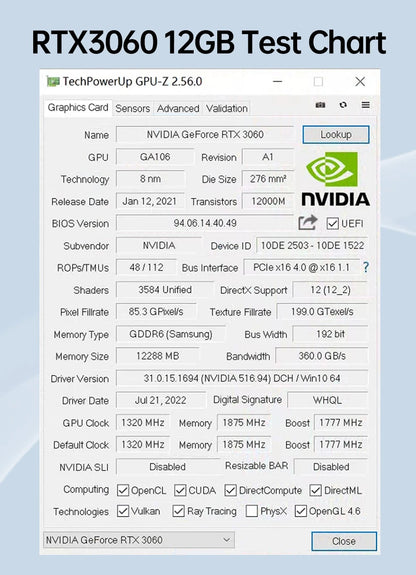SOYO New Gaming Graphics Cards NVIDIA GeForce RTX 3060 12GB GDDR6 192 Bit Desktop GPU Video Card Computer components.