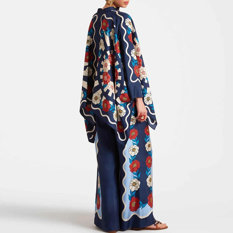 Retro Printed Loose Indie Folk Outfit Women Spring Stand Collar Button Irregular Top+Pant Set Fall Batwing Long Sleeve 2pcs Suit