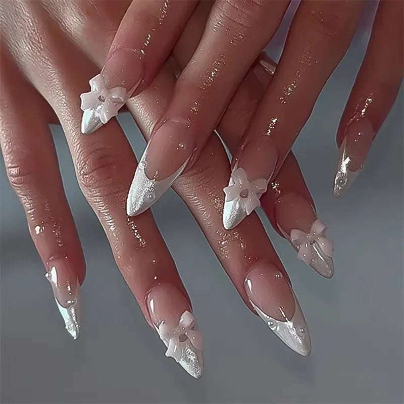 White Glitter Powder Bowknot Long Pointed Fake Nails Art Ballet False Nail Cow Print Pearl Rhinestone Pink Almond Press on Nails