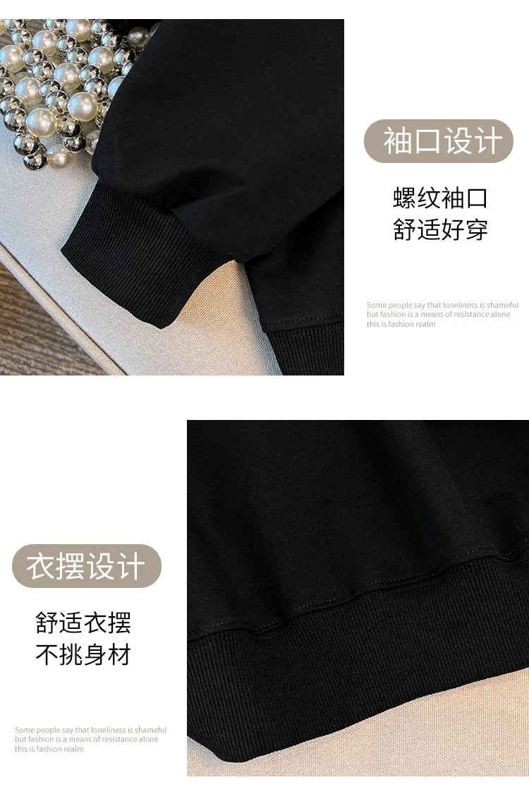 170 kg Plus Size Damen-Büste 170 Frühling Herbst Loose Diamond Collared Sweatshirt Schwarz 4XL 5XL 6XL 7XL 8XL 9XL.