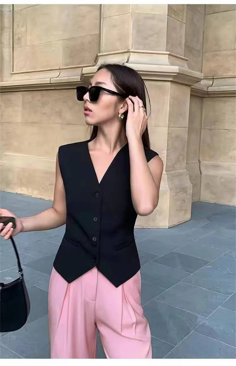 Frühling Sommer Koreanische Mode Weste 2025, Neue Frauen Kurze Mode V-ausschnitt Ärmellose Casual Blazer Weste Mäntel Weibliche Tops.