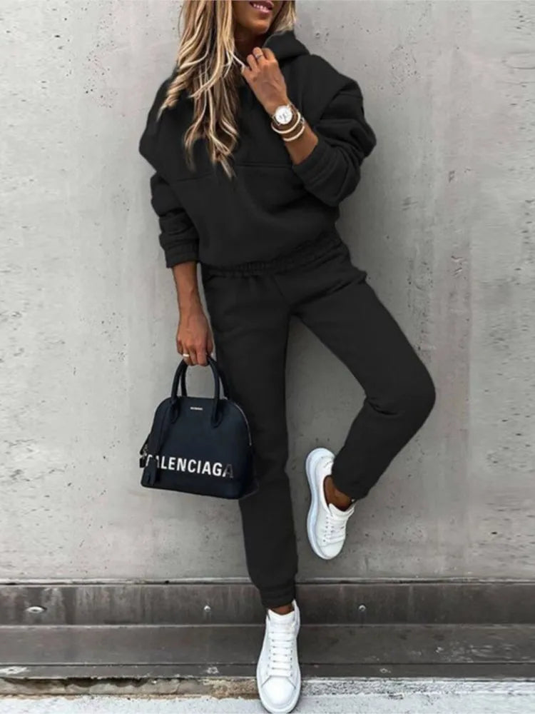Autumn Winter New Solid Color Long Sleeve Hoodie Women's Casual Suit Fashion Loose Sports Hoodie + Small Foot Pants 2 Piece Set.