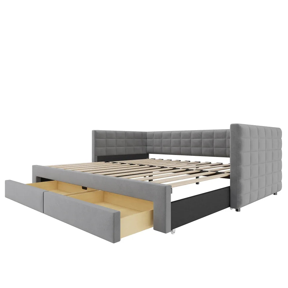 3-in-1 ausziehbares Schlafsofa 90 x 190 cm, Multifunktionsbett mit Schubladen, Einzel-/Doppelbett, Baumwolle und Leinen (Matratze nicht im Lieferumfang enthalten)