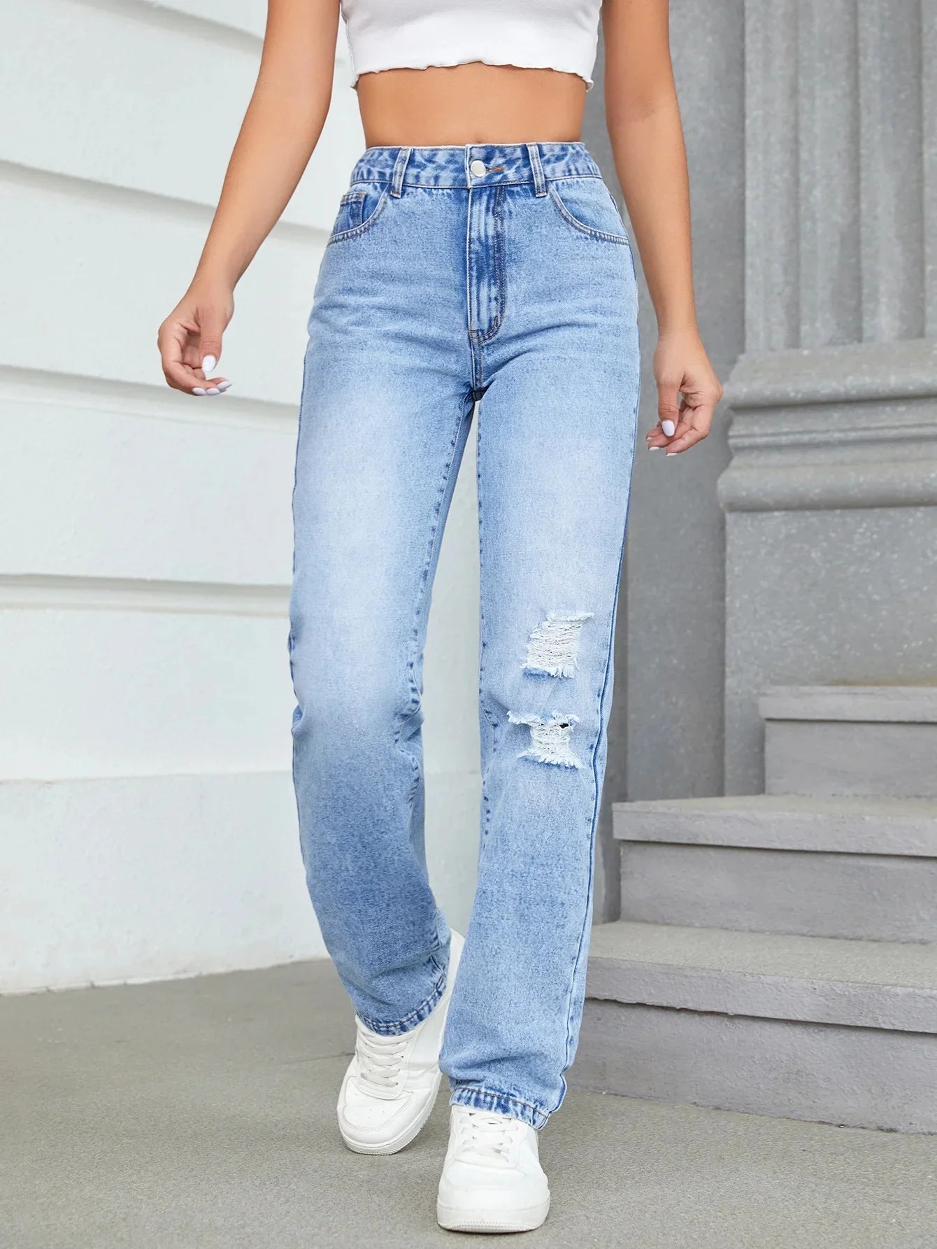 Loose High Waist Casual Hole Straight Leg Jeans Long Pants Wide Leg Trousers Comfortable Fit Female Denim Jeans.
