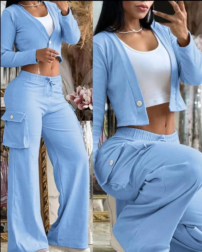 Women's Casual Two Piece Sets Spring Autumn Fashion Cardigan Long Sleeve Short Top Big Pocket Cargo Pants Sets 2024 Outifits.