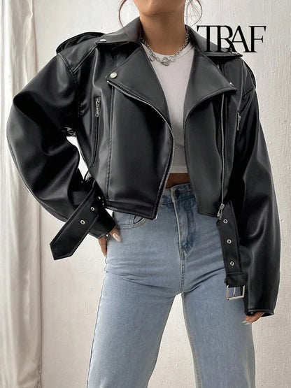 TRAF Damen Vintage lose Lederjacke Gürtel Schulter Abzeichen Zip Revers Jacke Handsome Washed Leder Motorrad Kleidung