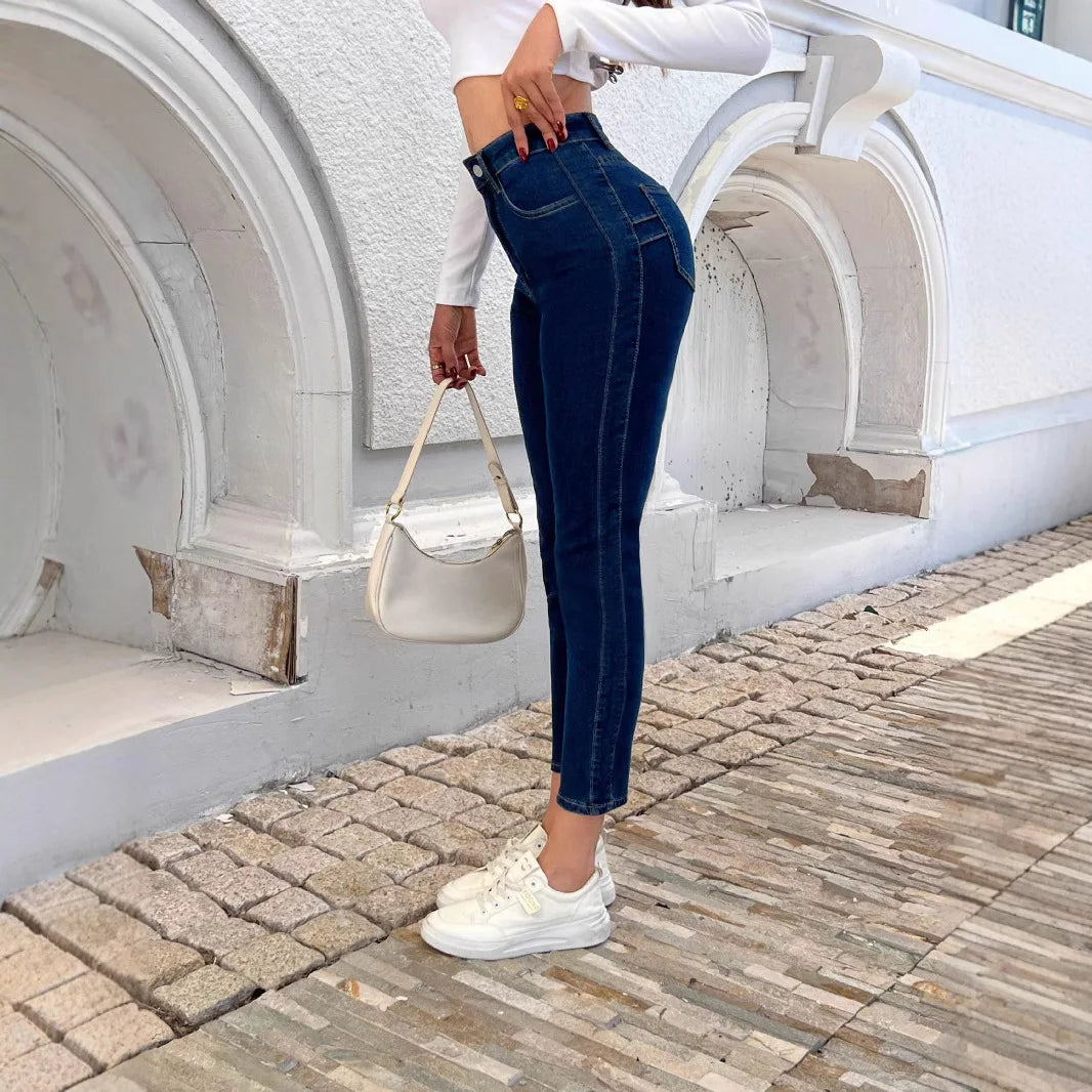 Europe and The United States Women's New Skinny Stretch Small Leg Jeans Four Seasons Simple Casual Denim Nine-point Pants Women.