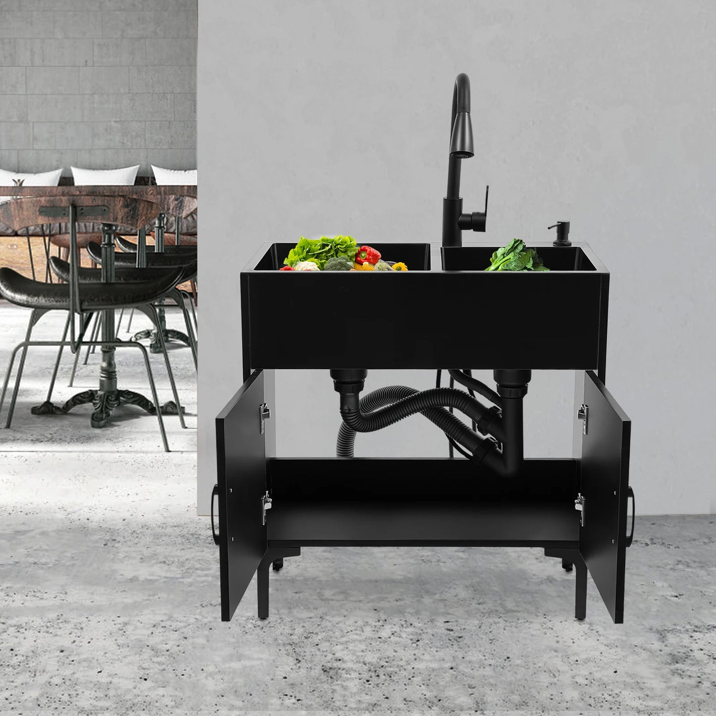 Wäschewaschbecken aus Edelstahl 201, Wäschewaschbecken mit ausziehbarem Wasserhahn, Waschbecken mit Schrank für Küchen, Restaurants, Dessertgeschäfte