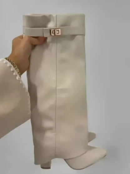 2025 Autumn And Winter Women's Pointed Toe Crude Heel Knee High Boots Female Metal Decor Pants Boots High Quality Woman Shoes.