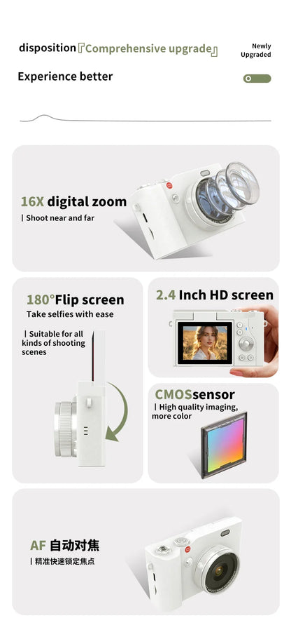CCD Retro Video Recorder 4K Digital Camera 2.4 Inch 16X Digital Zoom 180° Flip Screen Selfile Compact Digital Photography Camera.