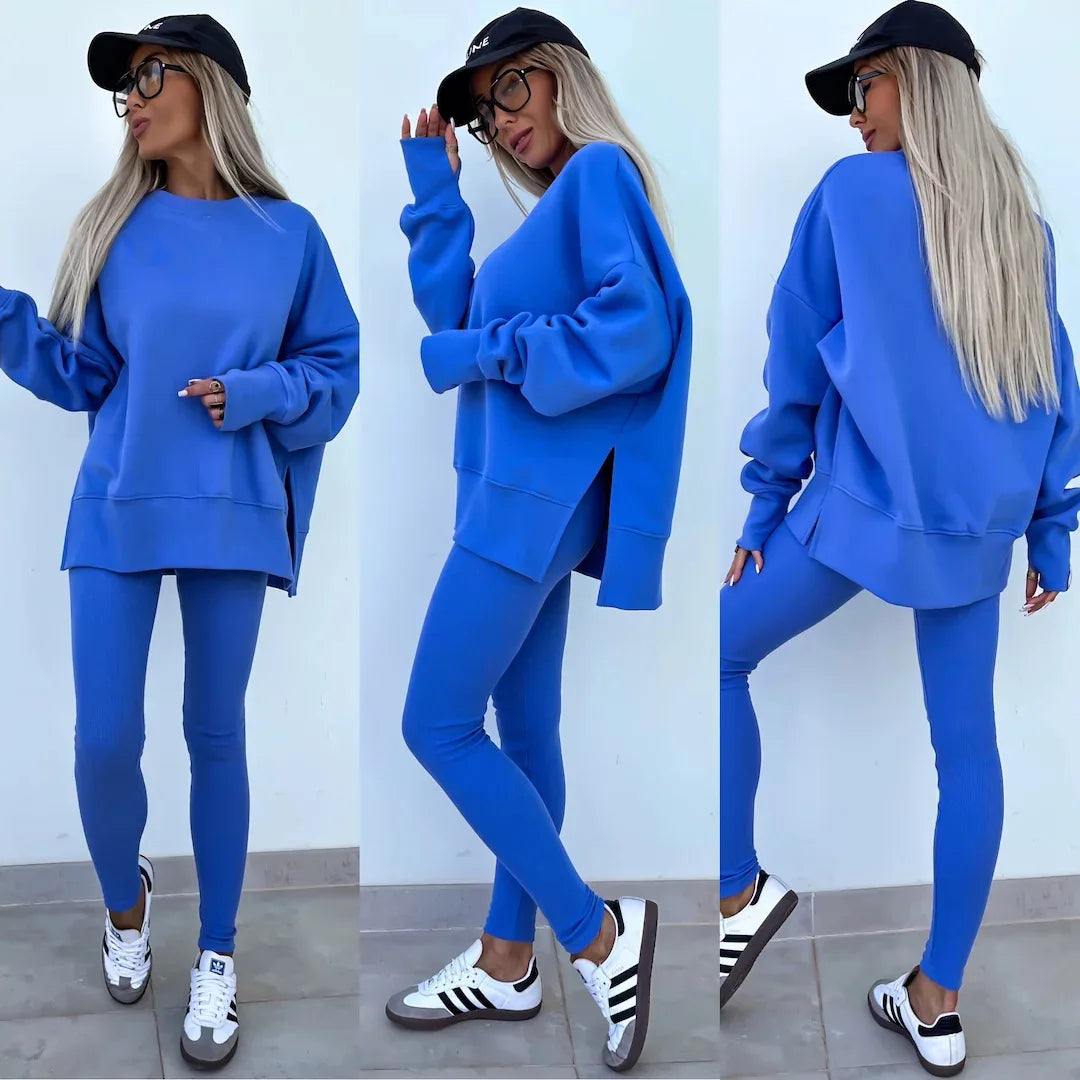 Women Pant Sets Two Pieces Tracksuit Solid Loose Sweatshirts Split Pullover Pencil Pants High Street Autumn Winter 2024.