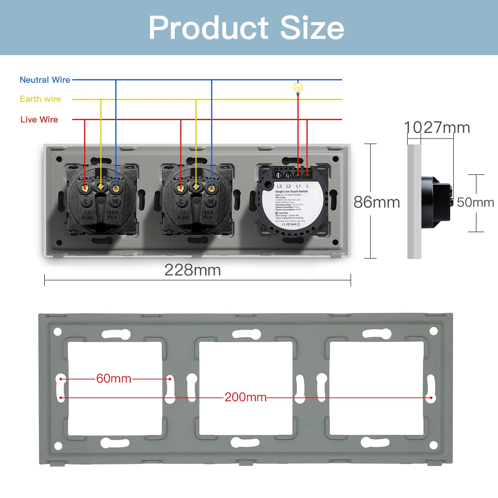 Bseed EU-Standard 1/2/3 Gang Licht-Touch-Schalter Home Wandschalter Graues Glas Sensorschalter Typ-C USB-Stromladebuchsen.