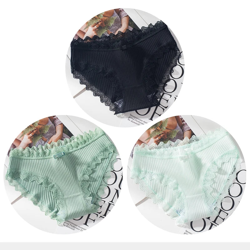 Cotton Panties Woman Sexy Lace Briefs Fashion Solid Color knickers Girls Bow Underpants Set Underwear 3 Pcs/lot.
