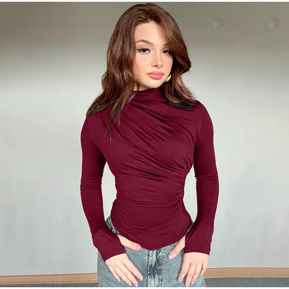 Women Tees Sexy Turtleneck Long Sleeve Pleated All-match Basic Lady T-shirts 2025 Spring Autumn Fashion Chic Female Streetwears.