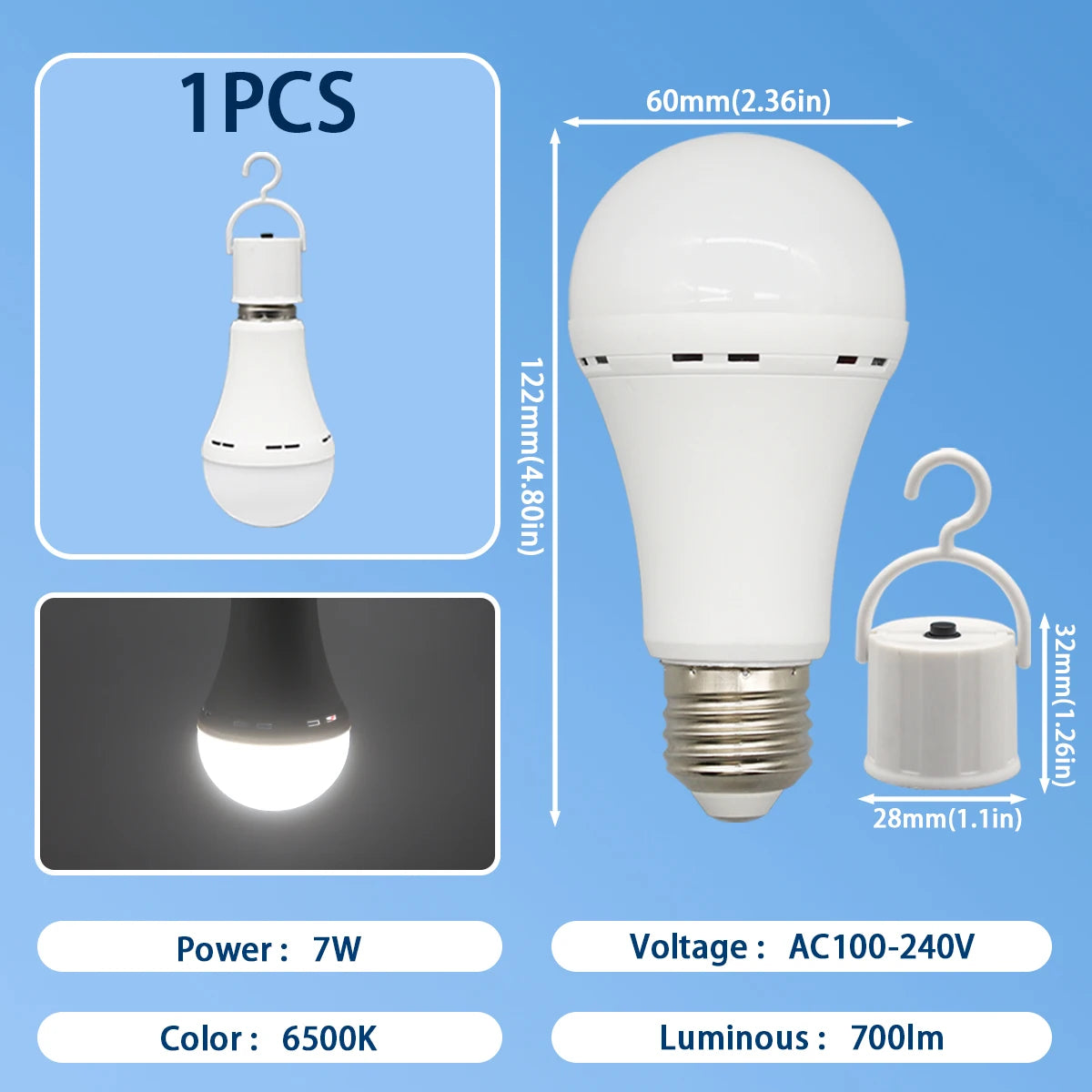 LED-Notfalllampe, wiederaufladbare Glühbirne, 7 W, E27, 110 V, 220 V, tragbar, zum Aufhängen, 3-Wege-Campinglampe, Zelt, Zuhause, Stromausfall, Veranda
