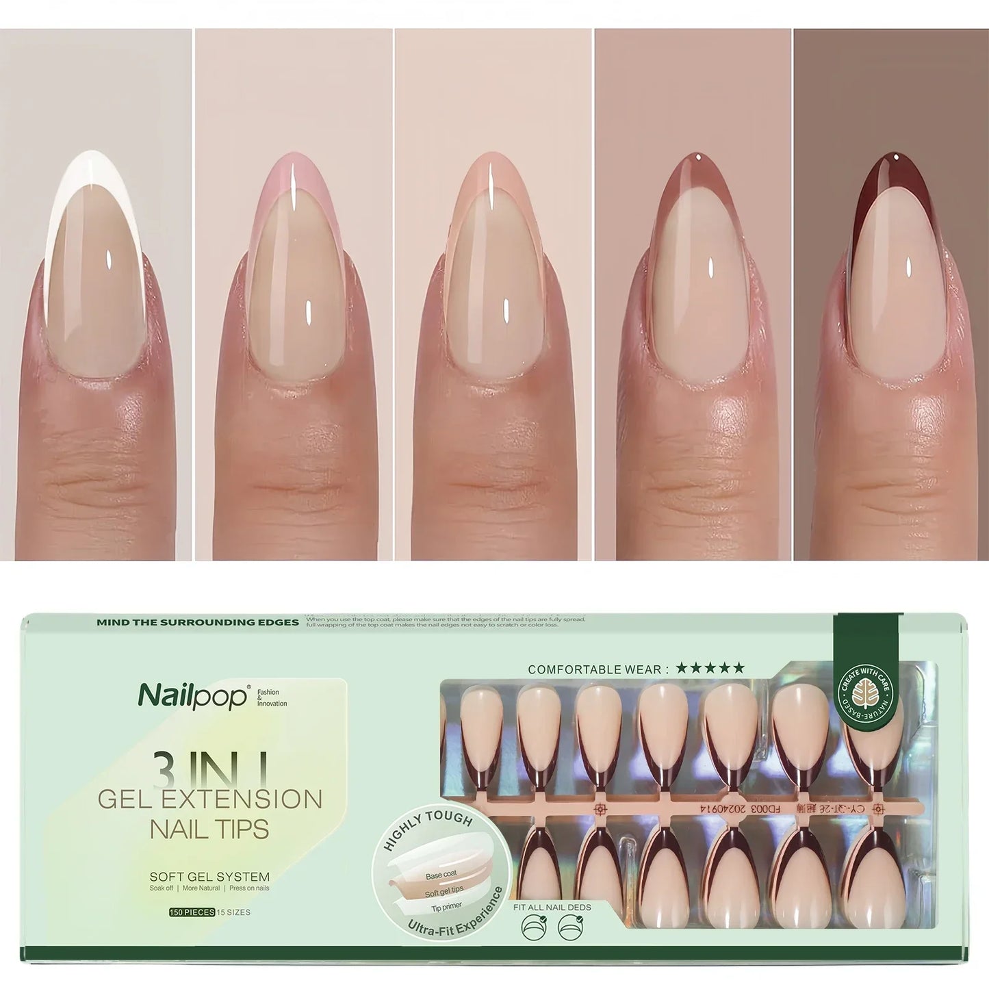 Nailpop 150Pcs French Gel Nail Tips Medium Almond Pre-Colored Press on Nails Skin Tones Soft Gel Nails False Nail Extensions.