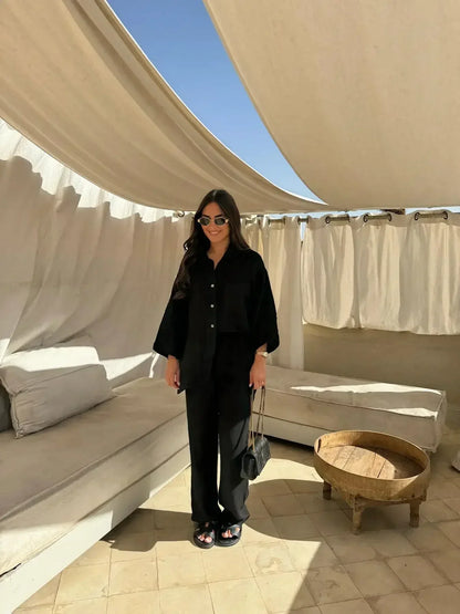 Women Vintage Solid Loose Pants Suit Lapel Single Breasted Long Sleeve Shirt Wide Leg Pants 2 Pcs Set 2025 New Ladies Streetwear