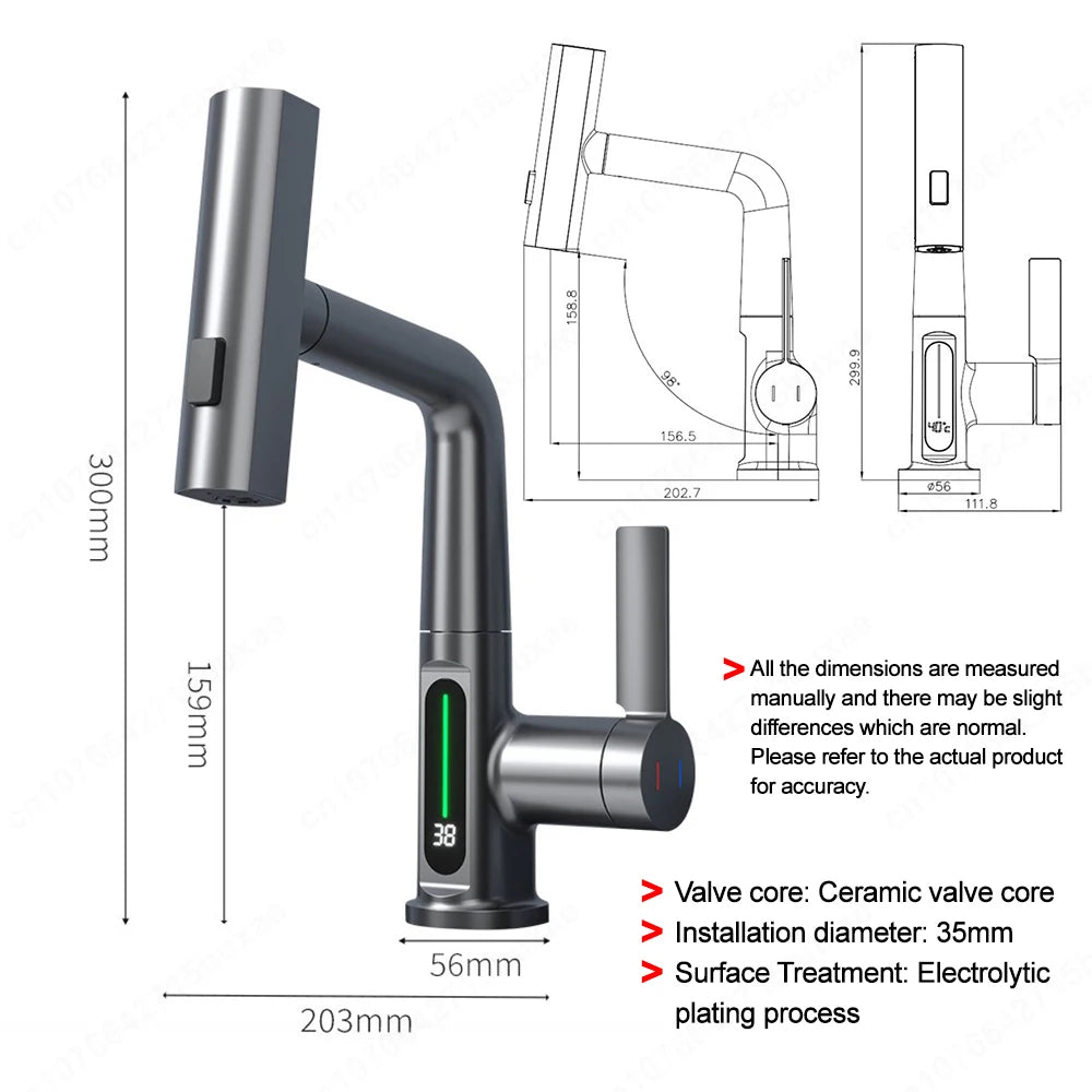 Waterfall Pull Out Kitchen Faucet White Intelligent Digital Display Cold Hot Mixer Taps Rotatable Sink Lifting Basin Faucet