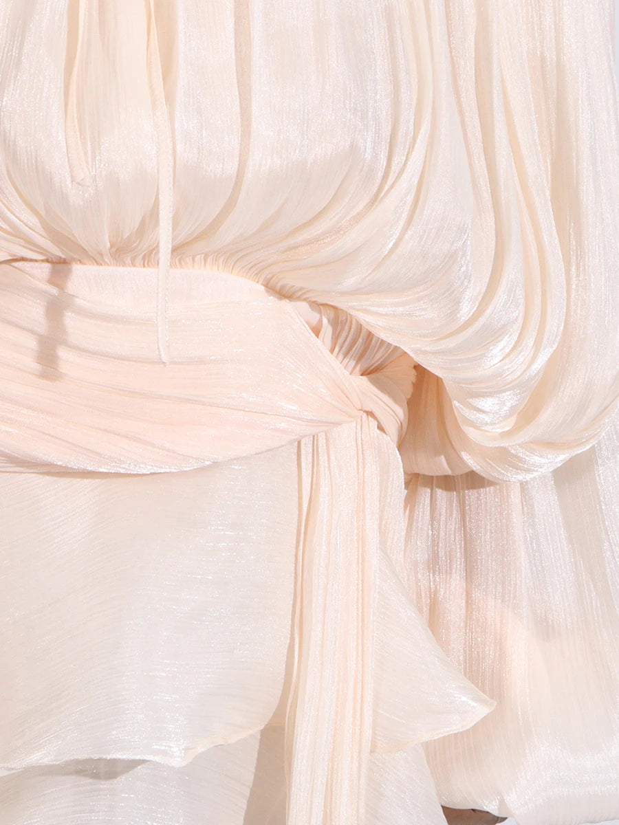 GALCAUR Solide Lose Splicd Lace Up Kleider Für Frauen V-ausschnitt Mit Langen Ärmeln Patchwork Rüschen Tunika Kleider Weibliche Mode Neue