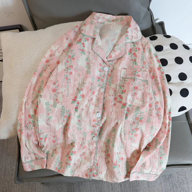 Autumn and Winter Pajamas Women Long Sleeve Pants Cardigan Sweet Print Cartoon Student Plus Size Loungewear Two-Piece Set.