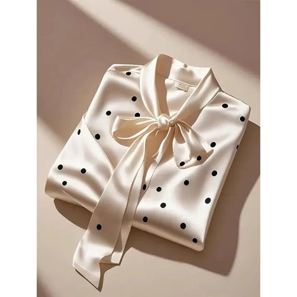 Elegant High Quality Satin Polka Dot Print Shirt Women Office Lady Business Casual Chic Blouse Lace-up Bow Long Sleeve Loose Top.