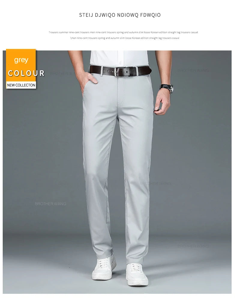 Bamboo Fiber Fabric Men's Casual Pants Summer New Ultra-thin Elastic Soft Straight Business Trousers Classic Black Khaki Gray.