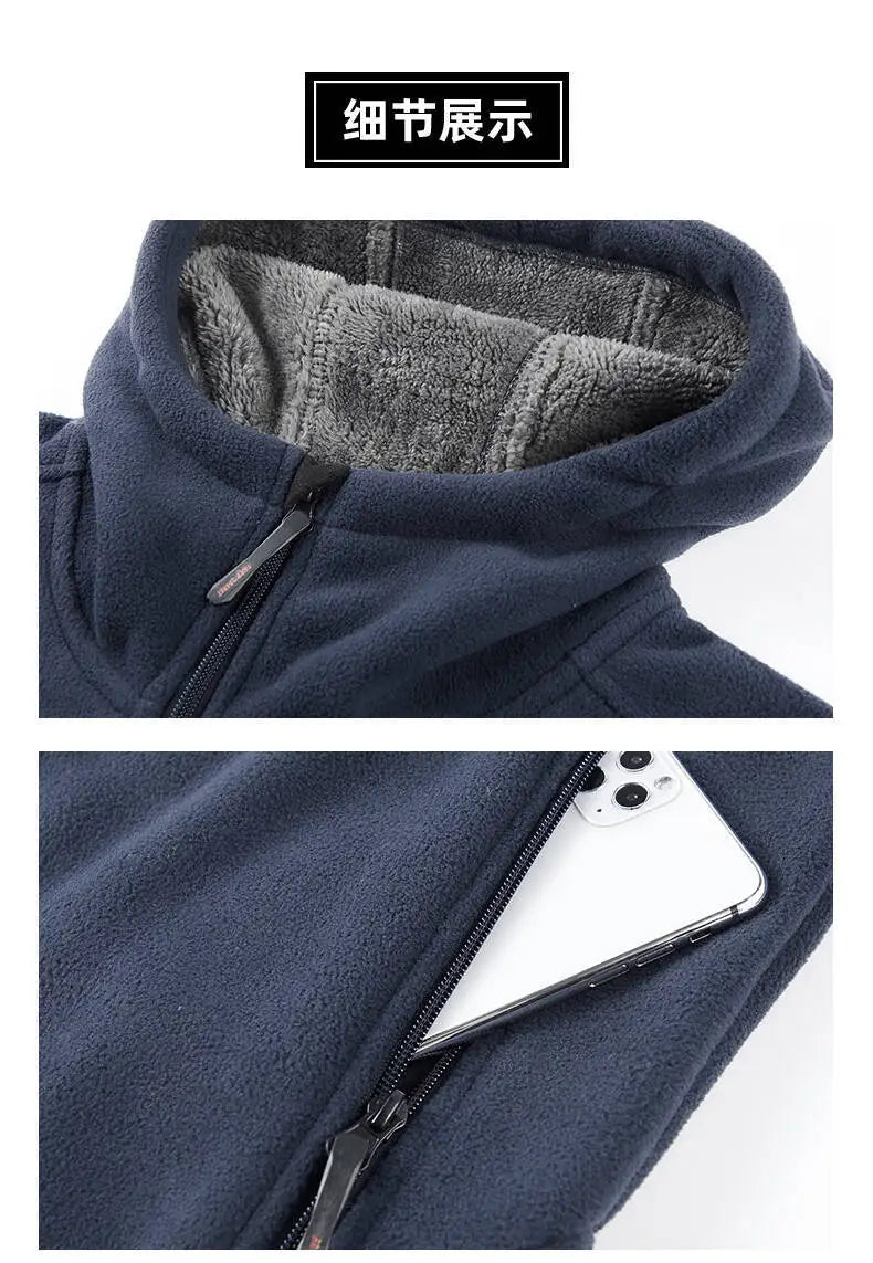 Men's Outdoor Sport Hooded Sweatshirt Jacket Warm Fleece Liner Windproof Softshell Inner Polar Fleece Coat with Zipper & Pockets.