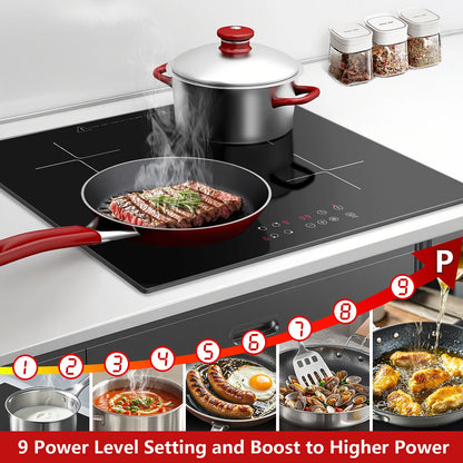Induction Hob 4 Plates Built-in Electric Cooktop 60cm Booster Touch Control 6000W 9 Power Levels 1-99Minute Timer Child Lock.