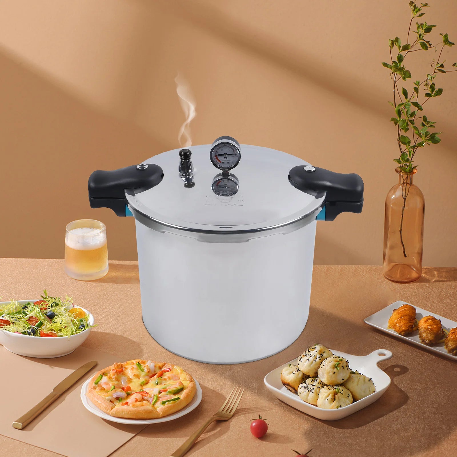 23qt Thick Explosion-Proof Pressure Cooker With Aluminum Pressure Gauge Release Valve.