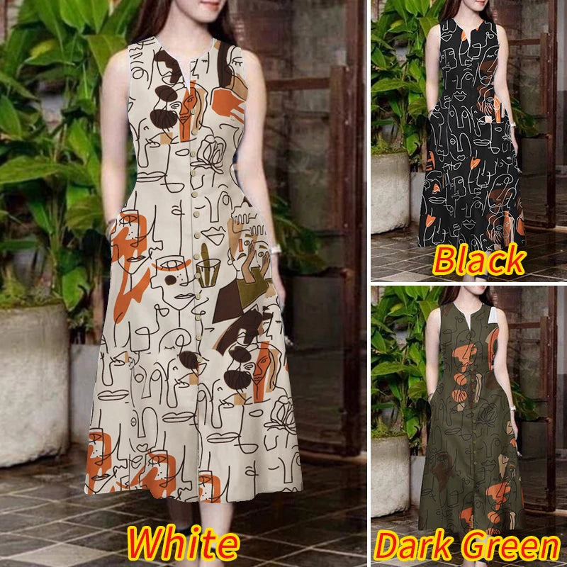 ZANZEA Elegante Damen-Midikleider, Sommer, ärmellos, Party-Sommerkleid, stilvoll, V-Ausschnitt, Urlaub, Arbeit, Vestidos, bedruckt, A-Linien-Kleid.