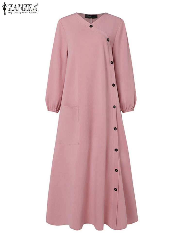 ZANZEA Muslim Casual Loose Long Dresses Textured O Neck Buttons Long Sleeve A-line Vestidos Women 2024 Islamic Hijab Abaya Robes.