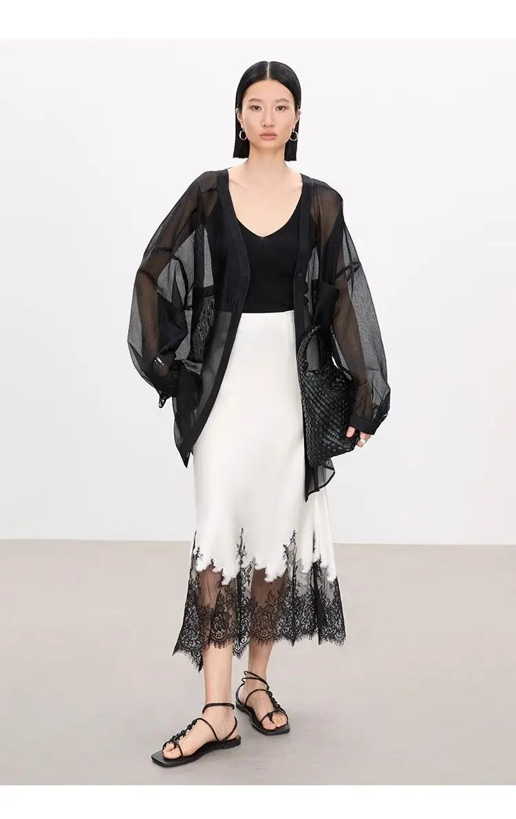 Mia Girl Elegant Satin Long Skirts for Women Oversize Lace Patchwork High Waist A-line Skirt French Style Summer Chic Lady Skirt.