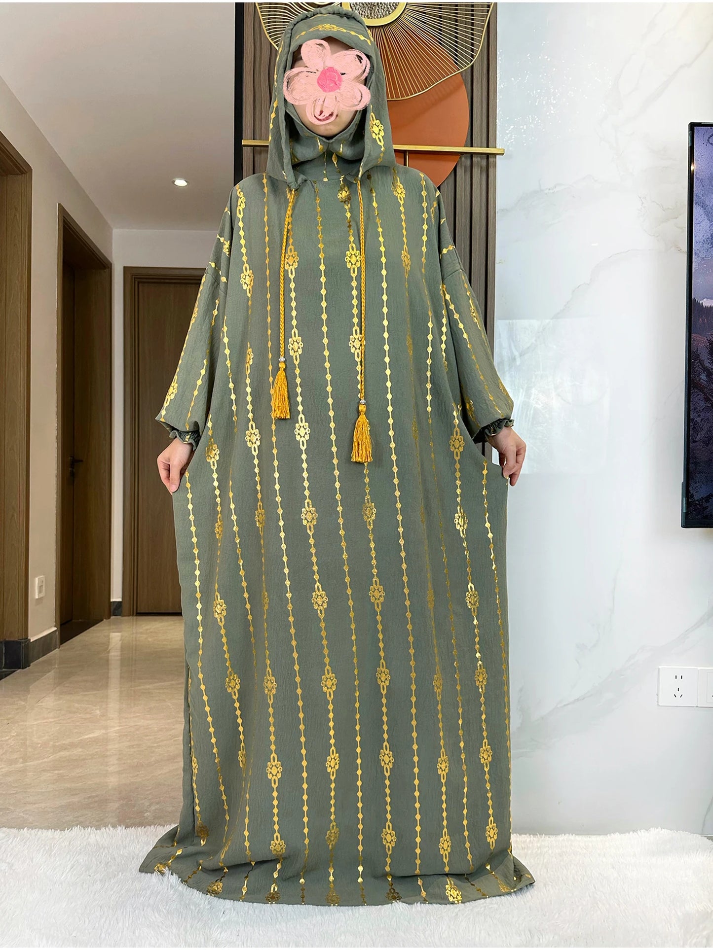 High Grade Cotton Fabric Ramadan Muslim Two-Hat Abaya Dubai Turkey Islam Prayer Clothes Gold Dust Dress Islam Women Dress Kaftan
