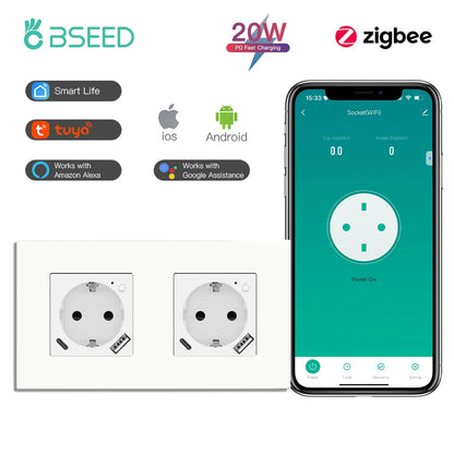 BSEED Einzelne ZigBee-Wandsteckdosen, Energiemonitor, doppelte Smart Meter-Steckdosen, Google Smart Life App, Alexa, Dreifachsteckdosen, EU-Kunststoff.