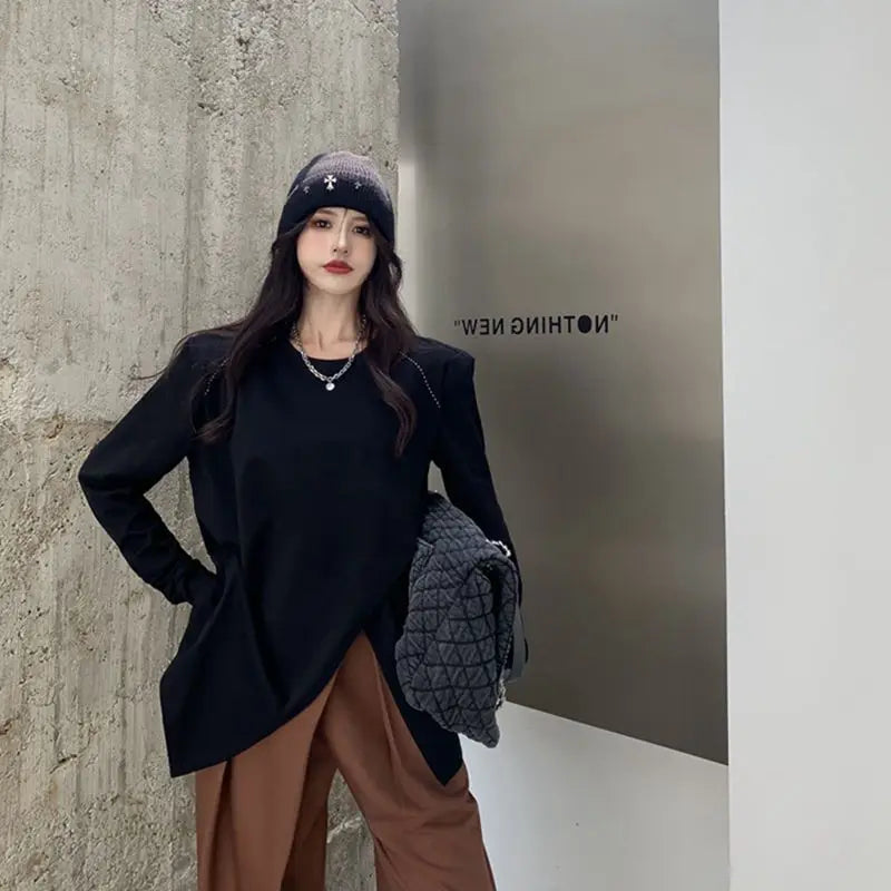 Long Sleeve Slit Hem Loose Lazy Style Tops Spring Autumn Solid Simplicity Street Casual T Shirts Fashion Korean Women Clothing.