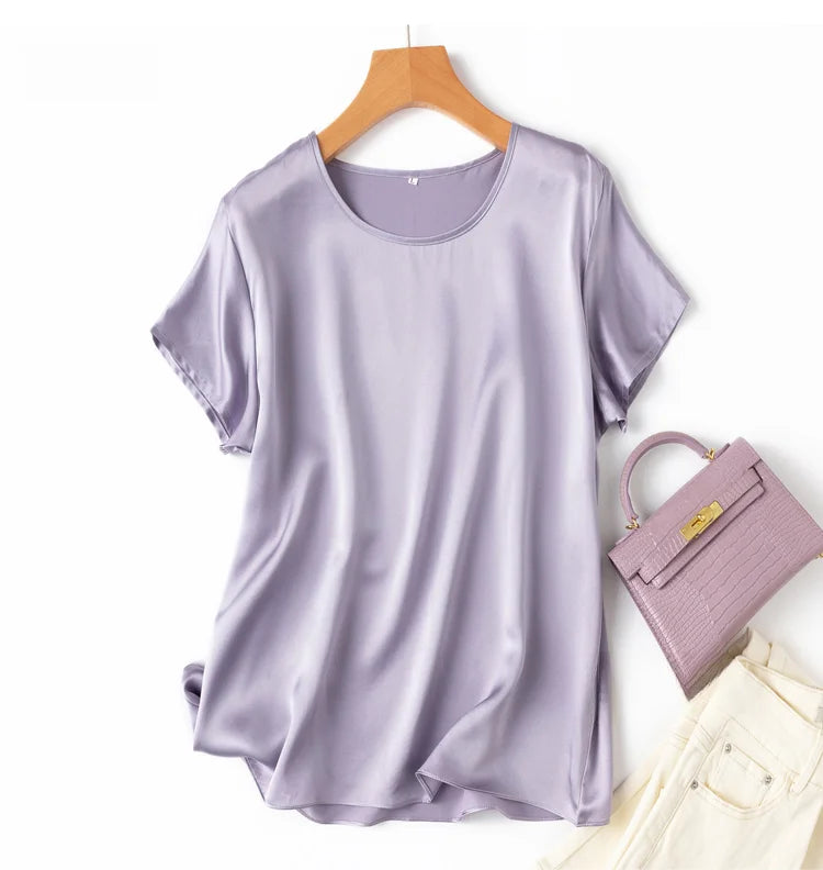 Women 100% Mulberry Silk 19 Momme half sleeve Crew Neck Top Shirt Blouse T-shirt More Colors M L XL MM4270.
