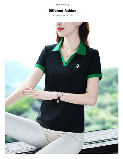 Women's Slim Fit Polo Shirt Short Sleeve T-Shirt Casual Sporty Loose Fashionable Summer Top Turn-down Collar Comfortable