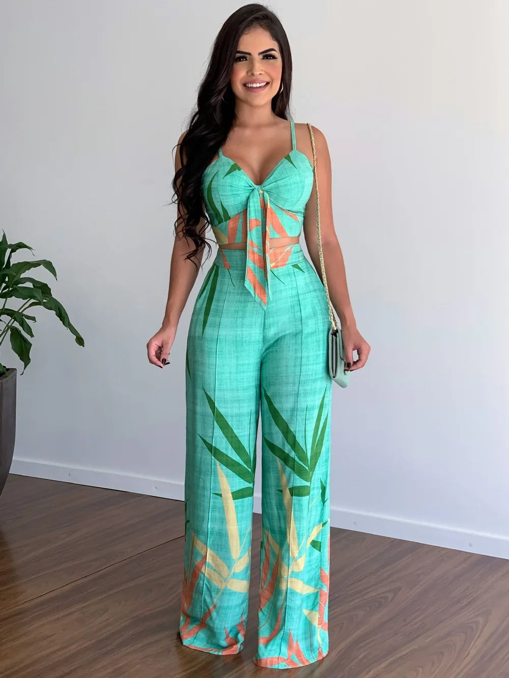Elegant Two Piece Outfits For Women 2025 Sexy V-Neck Strap Backless Lace-up Slim Crop Top & Wide Leg Pants Sets Summer Lady Suit