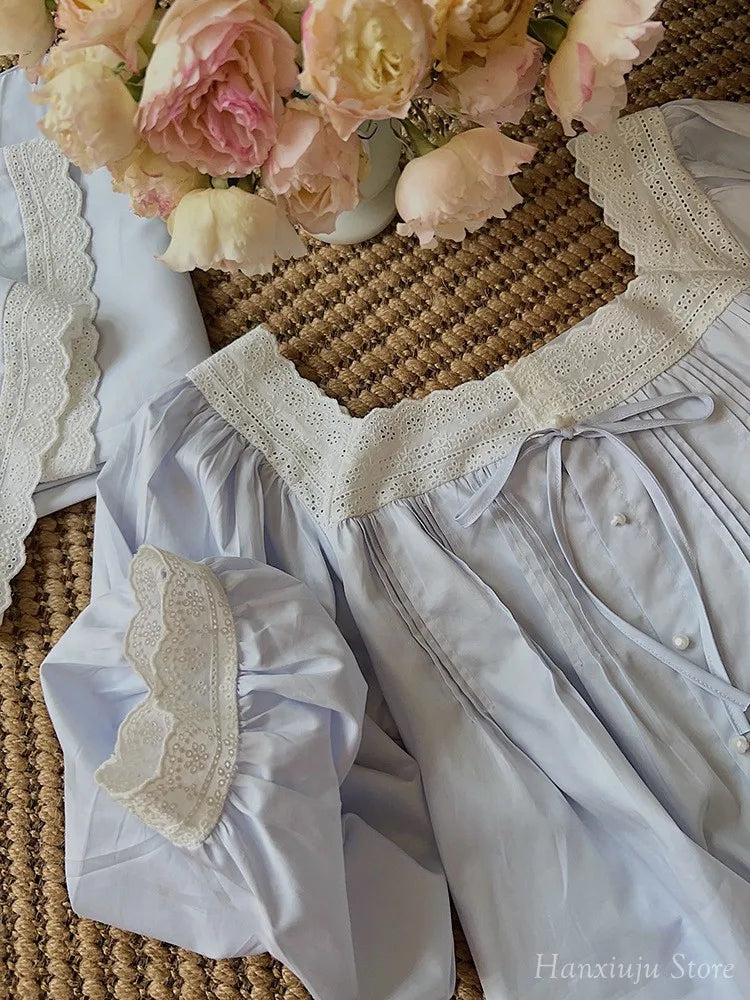 Sweet Spring Autumn Pure Cotton Women's Long Sleeve Pajama Set Loose Female Sleepwear Suits Royal Pyjama Home Wear Plus Size.