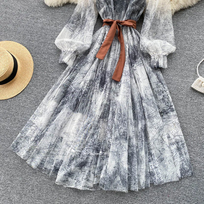 Elegante Frauen Mesh Kleid Vintage Laterne Ärmeln Gedruckt Party Kleider Frühling Sommer Patchwork A Line Bandage Strand Kleid.
