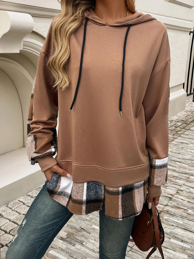 Women's Hoodie For Autumn And Winter 2025; Color-blocked Casual Pseudo Two-piece Raglan Long-sleeved Sweat For Women.